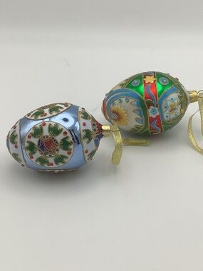 Two Joan Rivers Russian Inspired Hand Decorated Glass Egg Ornaments